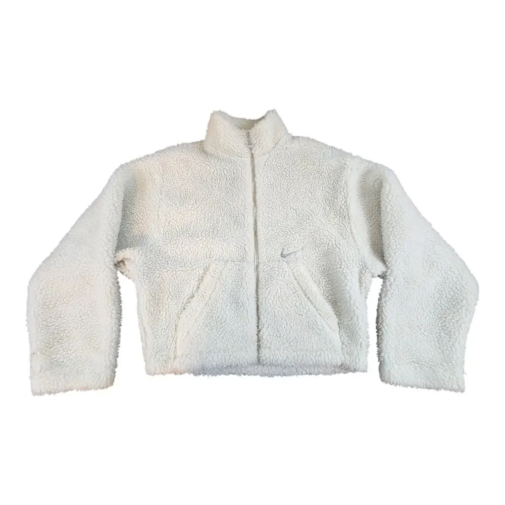 Nike white cream Sherpa fleece jacket sz Med. lined‎ cropped big swoosh